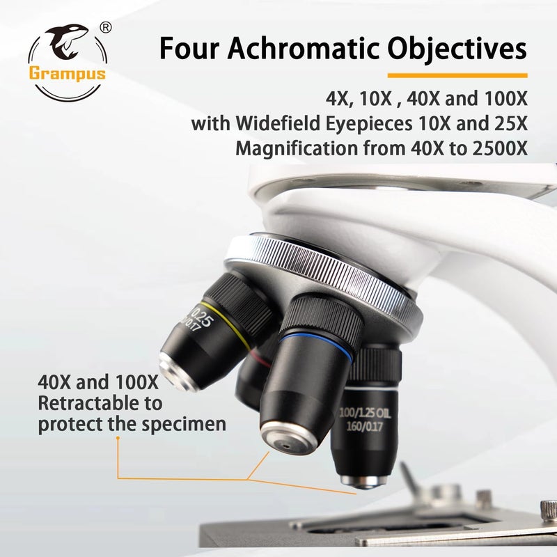 Grampus Professional Compound Binocular Microscope, WF10X WF25X Eyepieces, 40X-2500X Magnification, LED Illumination, Abbe Condenser, Double-Layer Mechanical Stage with Caliper - Image 4
